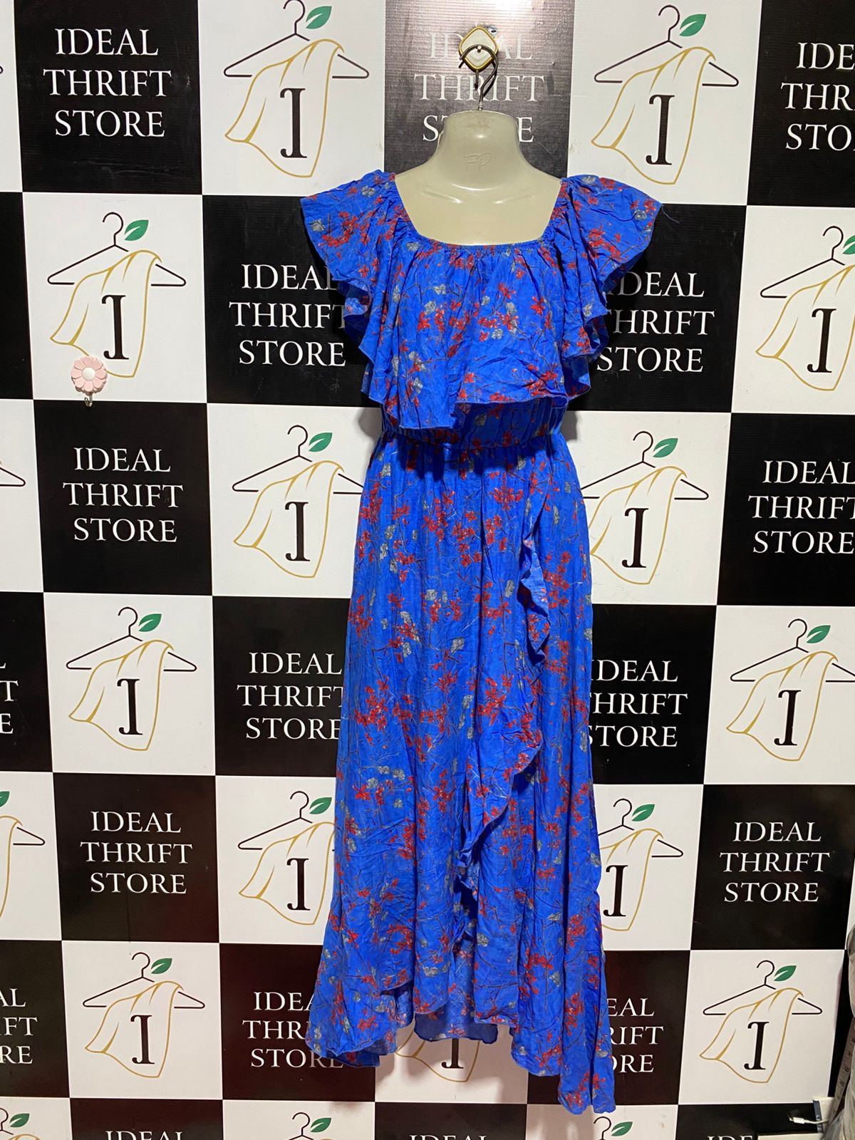 WHITE SANDSTORM |M| BUST 18| B44| COBALT BLUE FLORAL MAXI DRESS - RUFFLED OFF SHOULDER HIGH LOW WRAP STYLE SUNDRESS