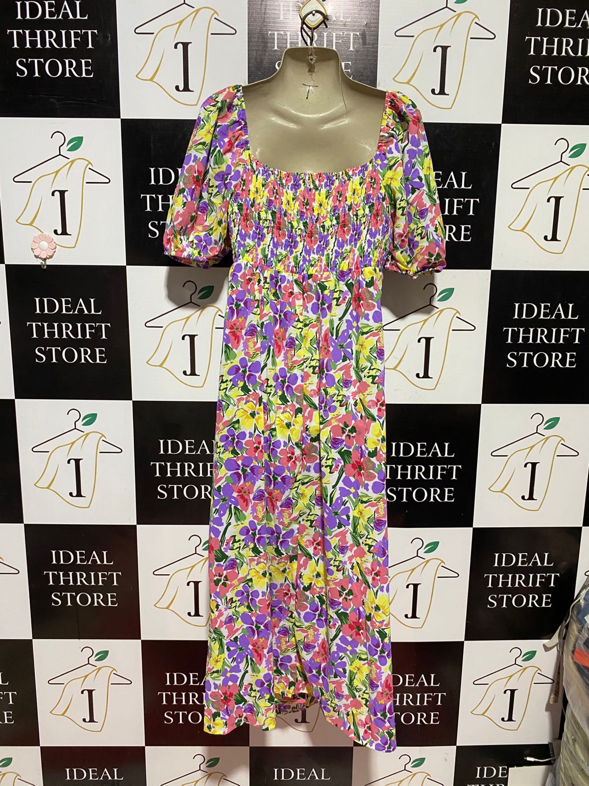 SHEIN |XL| BUST 17| B44| VIBRANT MULTICOLOR FLORAL MAXI DRESS - PUFF SLEEVE SQUARE NECK EMPIRE WAIST SUNDRESS