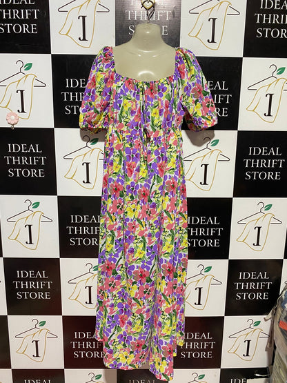 SHEIN |XL| BUST 17| B44| VIBRANT MULTICOLOR FLORAL MAXI DRESS - PUFF SLEEVE SQUARE NECK EMPIRE WAIST SUNDRESS