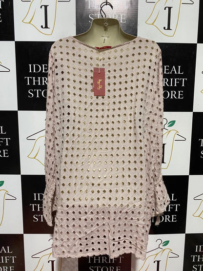 HIGERLILY |M| BUST 23| B44| BLUSH PINK EYELET BEACH COVER UP - NWT LACE FRONT TIE LONG SLEEVE CARDIGAN TUNIC