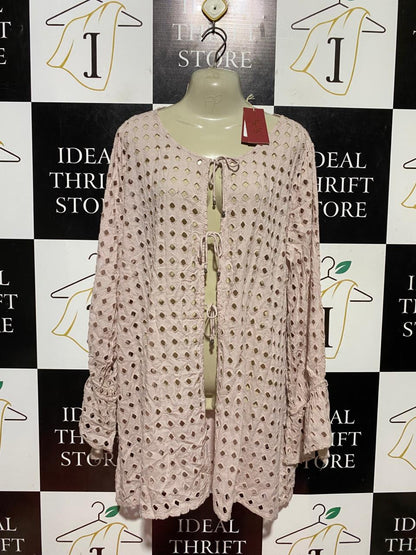 HIGERLILY |M| BUST 23| B44| BLUSH PINK EYELET BEACH COVER UP - NWT LACE FRONT TIE LONG SLEEVE CARDIGAN TUNIC