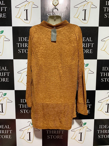 AUTOGRAPH |M| BUST 21| B44| MUSTARD GOLD CRINKLE PLISSE SHIRT DRESS - LONG SLEEVE TWIST FRONT BUTTON UP TUNiC