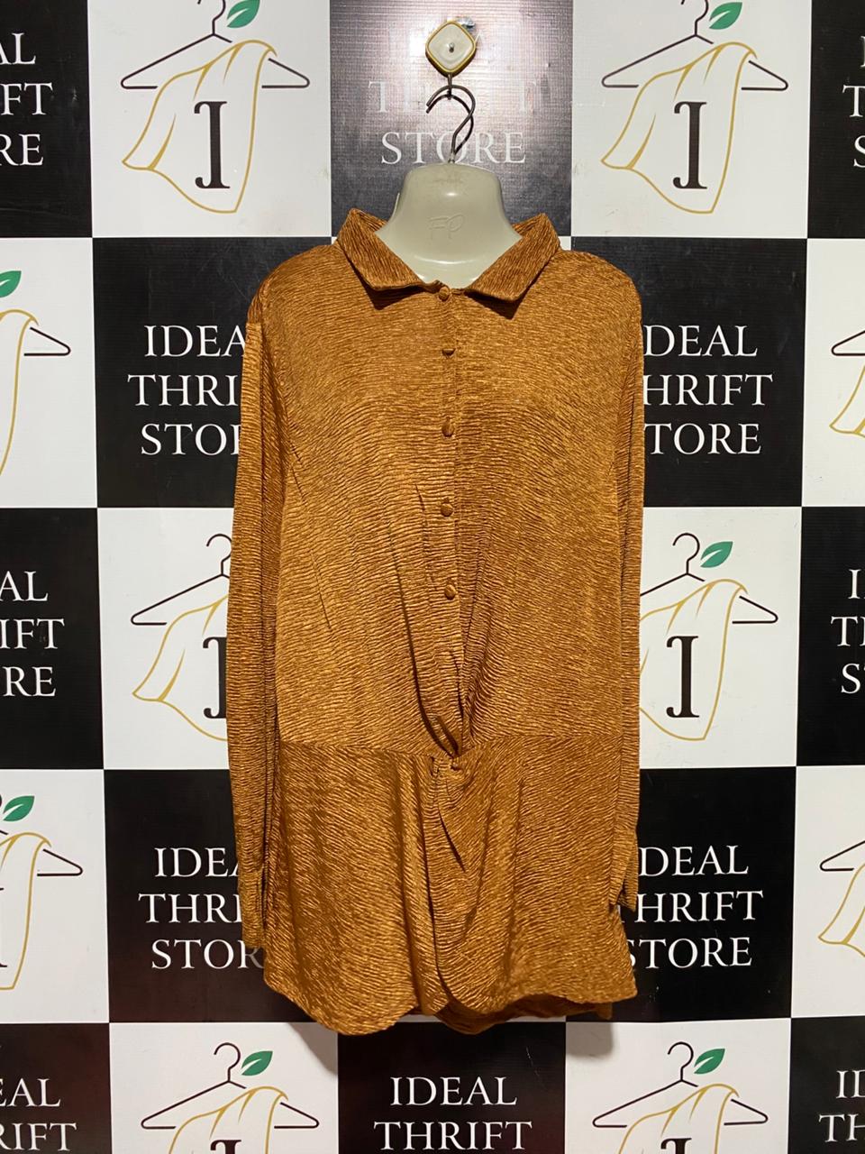 AUTOGRAPH |M| BUST 21| B44| MUSTARD GOLD CRINKLE PLISSE SHIRT DRESS - LONG SLEEVE TWIST FRONT BUTTON UP TUNiC