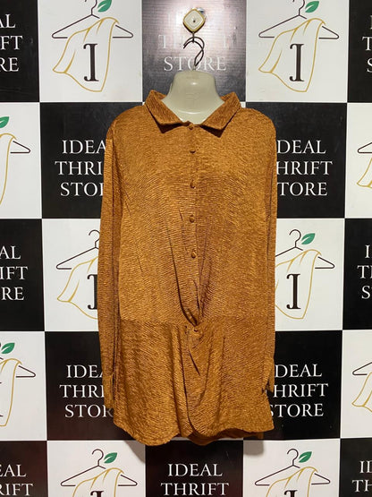AUTOGRAPH |M| BUST 21| B44| MUSTARD GOLD CRINKLE PLISSE SHIRT DRESS - LONG SLEEVE TWIST FRONT BUTTON UP TUNiC