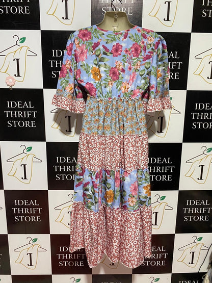 |M| BUST 17| B44| BOHO PATCHWORK FLORAL MAXI DRESS - TIERED V-NECK FLUTTER SLEEVE MIXED PRINT SUNDRESS