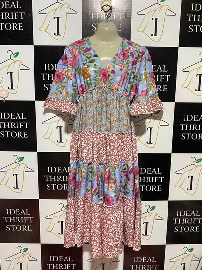 |M| BUST 17| B44| BOHO PATCHWORK FLORAL MAXI DRESS - TIERED V-NECK FLUTTER SLEEVE MIXED PRINT SUNDRESS