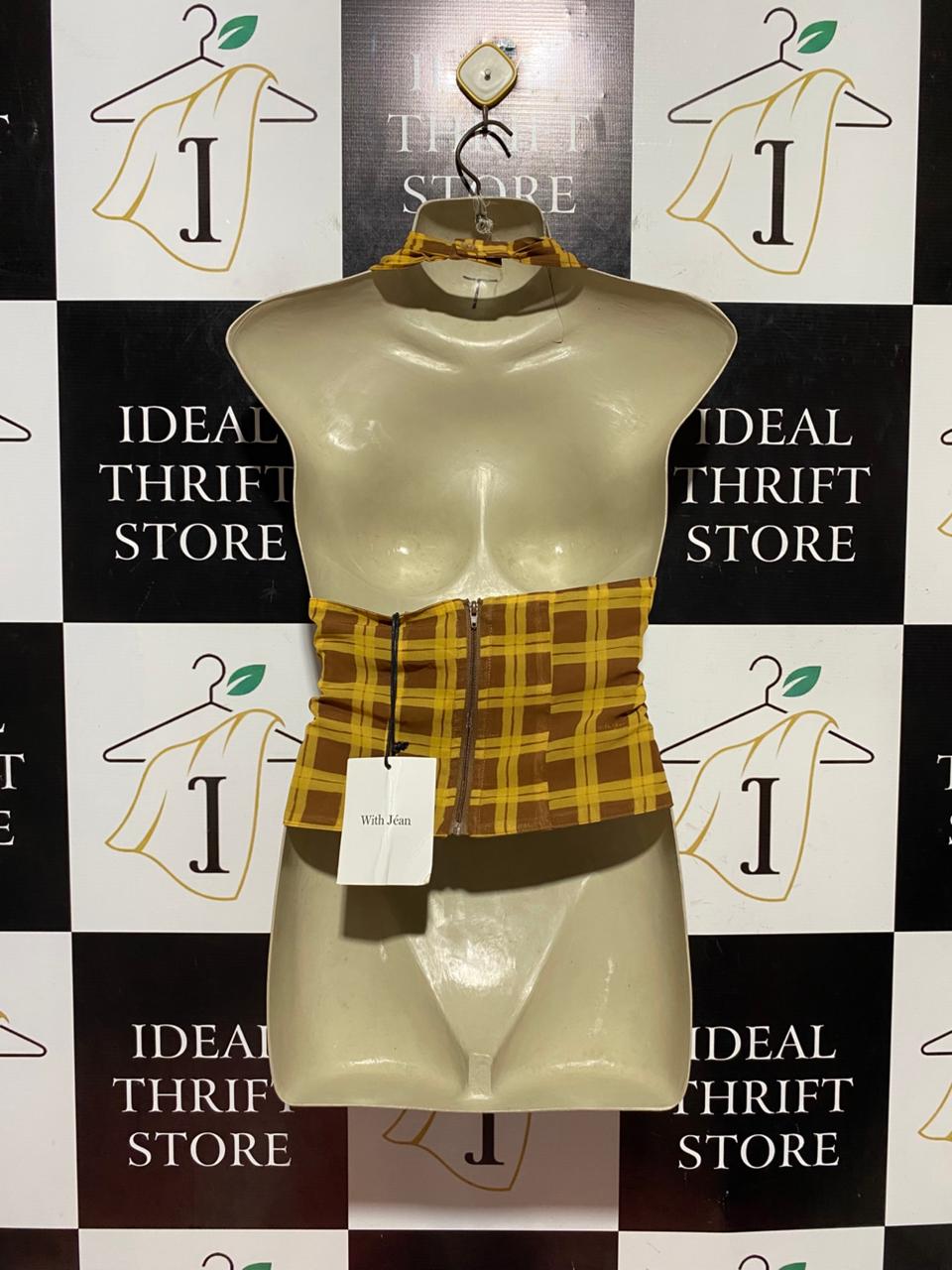 WITH JEAN |M| BUST 17| B44| YELLOW AND BROWN PLAID HALTER TOP - RETRO Y2K PLUNGING NECKLINE SUMMER BLOUSE