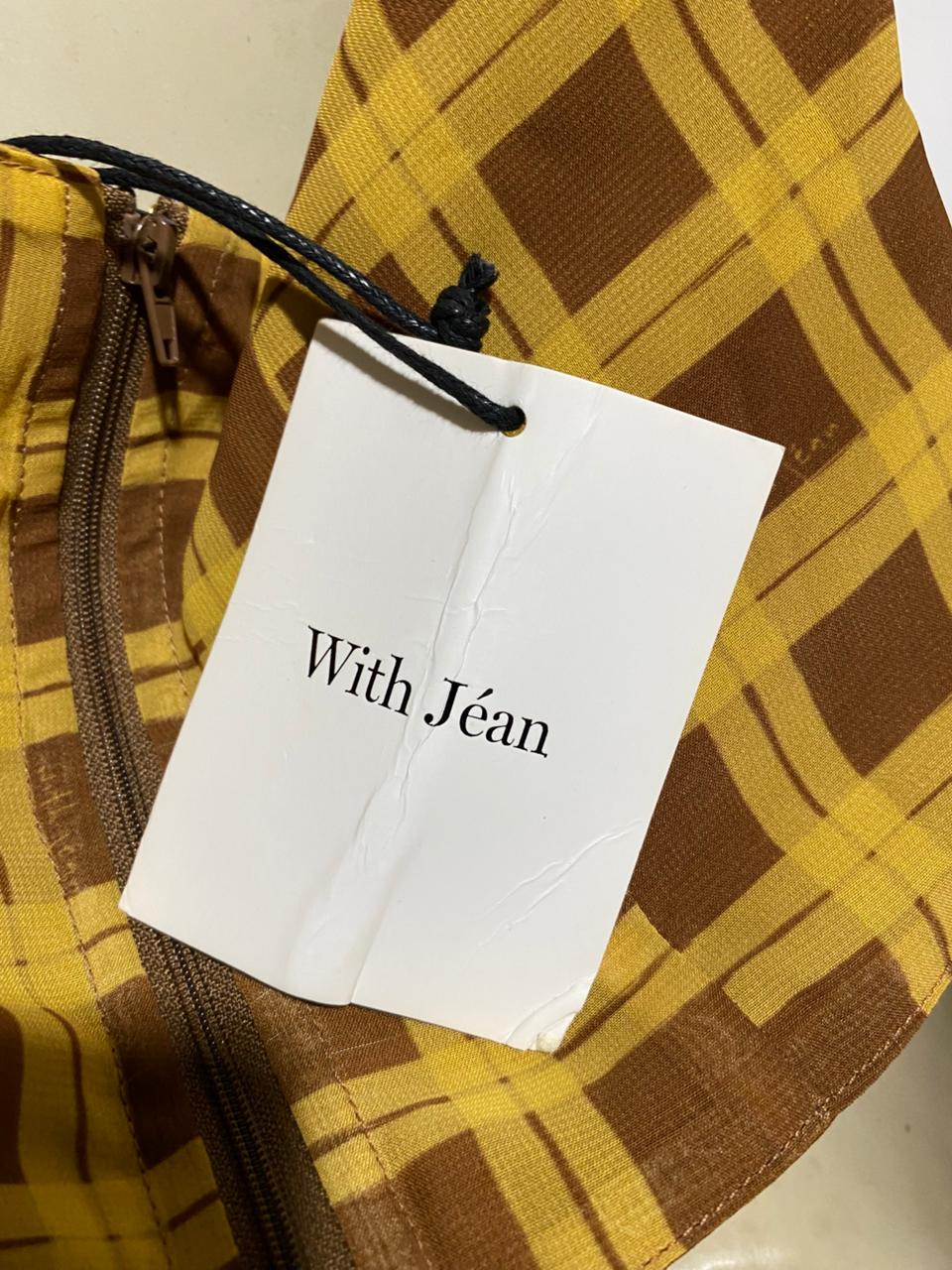 WITH JEAN |M| BUST 17| B44| YELLOW AND BROWN PLAID HALTER TOP - RETRO Y2K PLUNGING NECKLINE SUMMER BLOUSE