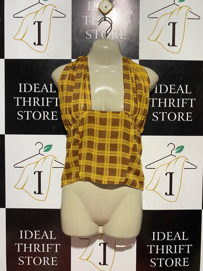 WITH JEAN |M| BUST 17| B44| YELLOW AND BROWN PLAID HALTER TOP - RETRO Y2K PLUNGING NECKLINE SUMMER BLOUSE