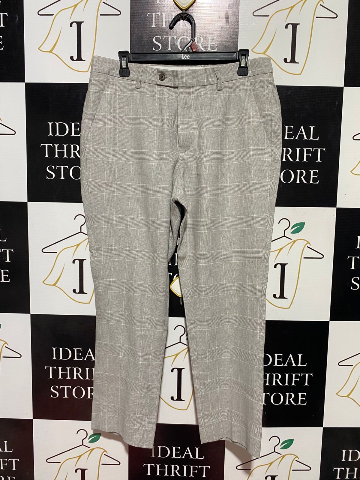 CONNOR |L| WAIST 33| B44| LIGHT GREY GLEN PLAID DRESS PANTS - SLIM FIT TAPERED SMART CASUAL TROUSERS