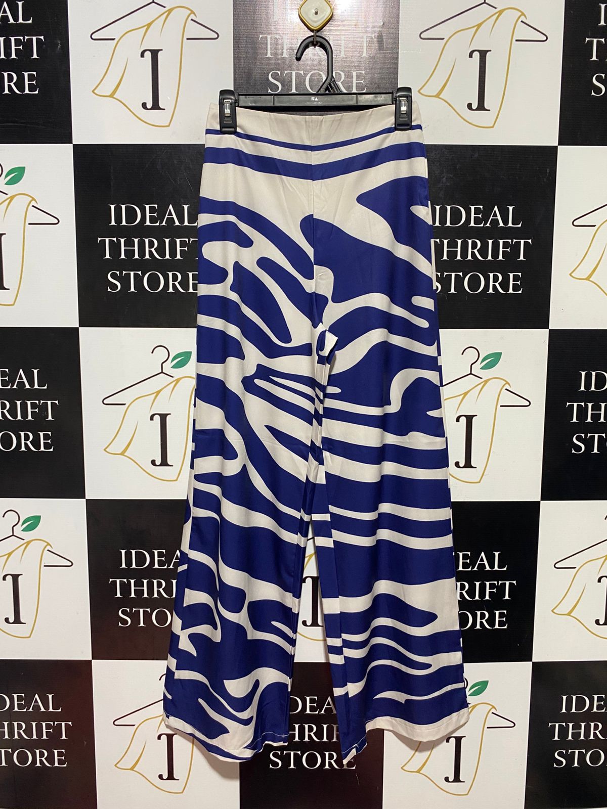 |S| WAIST 25| B44| COBALT BLUE & WHITE ABSTRACT PRINT PANTS - HIGH WAISTED WIDE LEG BOHO PALAZZO TROUSERS