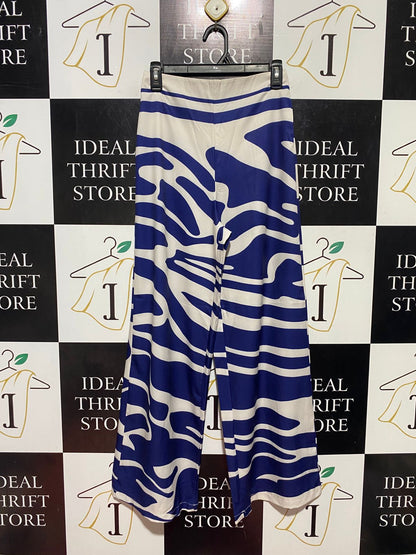 |S| WAIST 25| B44| COBALT BLUE & WHITE ABSTRACT PRINT PANTS - HIGH WAISTED WIDE LEG BOHO PALAZZO TROUSERS