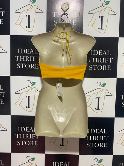 OUTCAST |S| BUST 15| B44| MUSTARD YELLOW O-RING CUTOUT HALTER CROP TOP