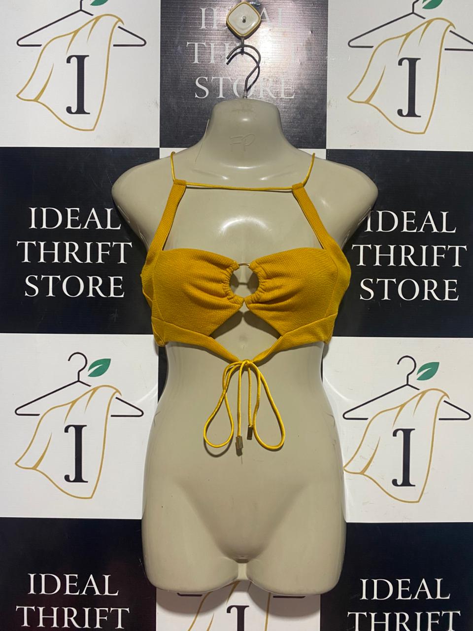 OUTCAST |S| BUST 15| B44| MUSTARD YELLOW O-RING CUTOUT HALTER CROP TOP