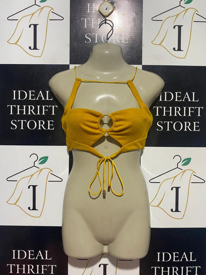OUTCAST |S| BUST 15| B44| MUSTARD YELLOW O-RING CUTOUT HALTER CROP TOP