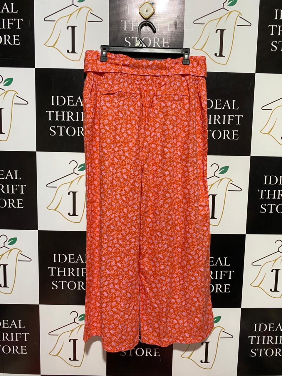 & ME |L| WAIST 32| B44| WOMEN'S ORANGE AND PINK FLORAL LEAF PRINT WIDE LEG PANTS WITH WAIST TIE
