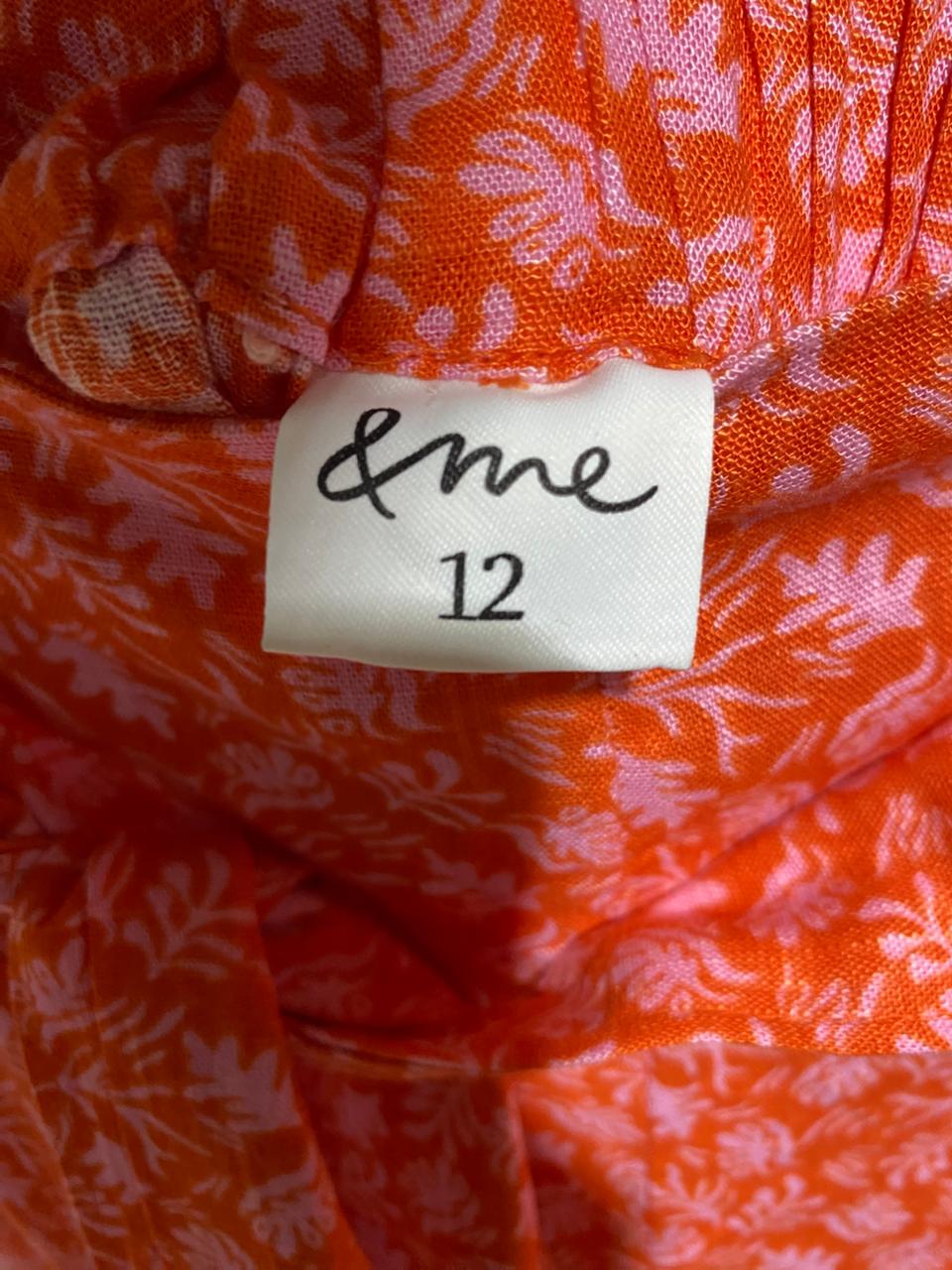 & ME |L| WAIST 32| B44| WOMEN'S ORANGE AND PINK FLORAL LEAF PRINT WIDE LEG PANTS WITH WAIST TIE