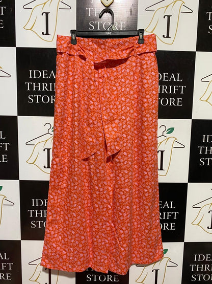 & ME |L| WAIST 32| B44| WOMEN'S ORANGE AND PINK FLORAL LEAF PRINT WIDE LEG PANTS WITH WAIST TIE