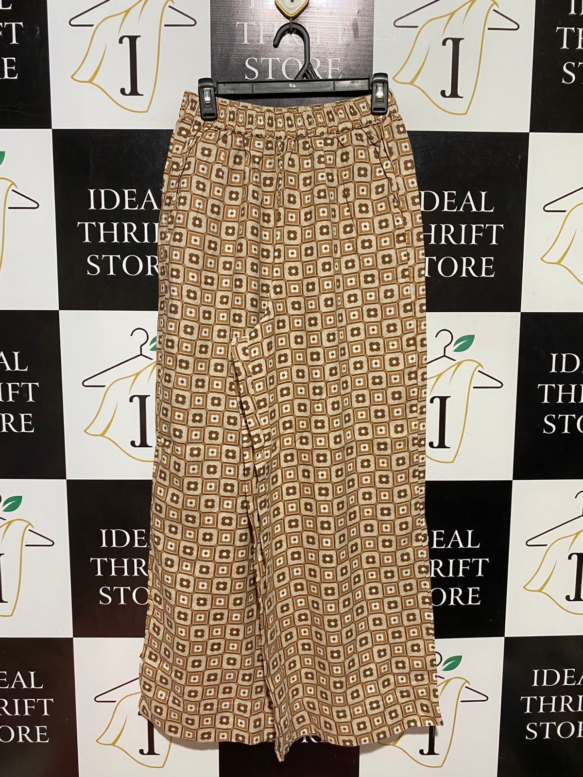 SEED |S| WAIST 26| B44| VINTAGE GEOMETRIC FLORAL PRINT WIDE-LEG PANTS WITH ELASTIC WAISTBAND