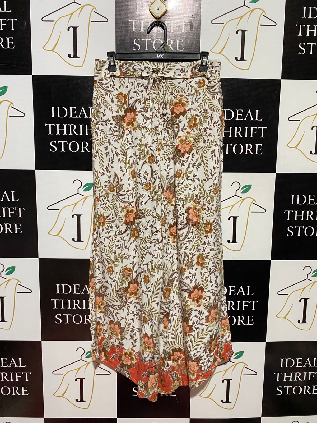 IRIS MAXI |L| WAIST 29| B44| VINTAGE BOHO FLORAL PRINT PALAZZO PANTS WITH DRAWSTRING WAIST AND BORDER HEM