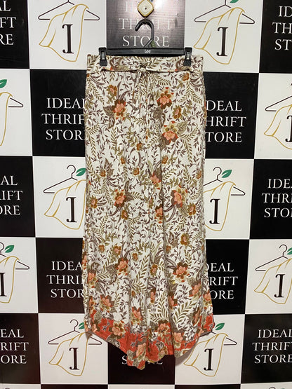 IRIS MAXI |L| WAIST 29| B44| VINTAGE BOHO FLORAL PRINT PALAZZO PANTS WITH DRAWSTRING WAIST AND BORDER HEM