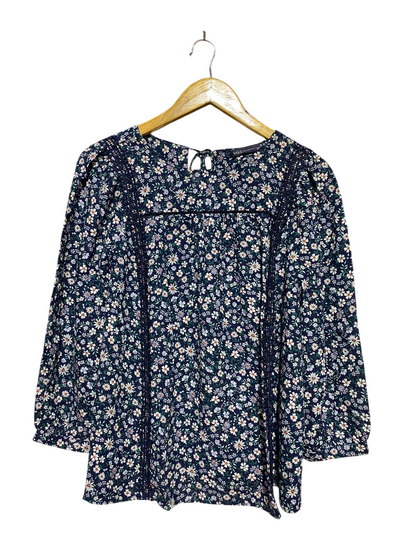 M&S |L| BUST 21| B45| NAVY DITSY FLORAL LACE-TRIM BLOUSE