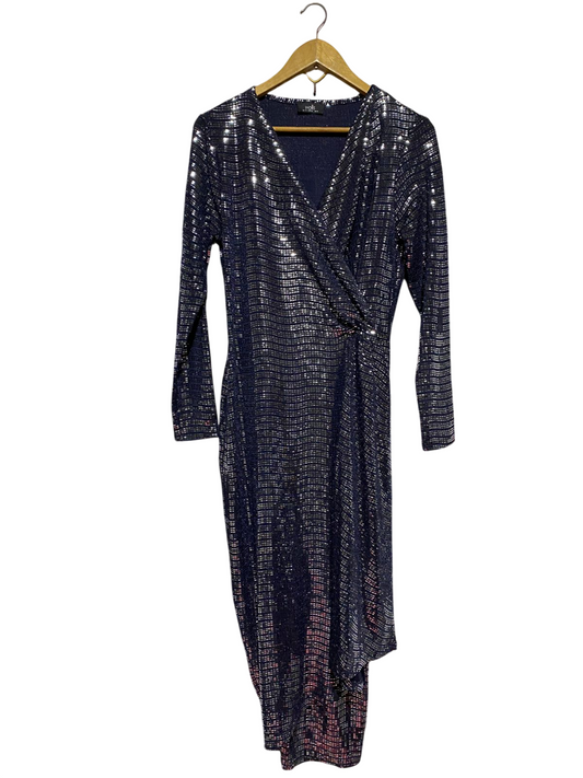 WALIIS |M| BUST 18| B45| METALLIC SHIMMER WRAP-FRONT MIDI DRESS