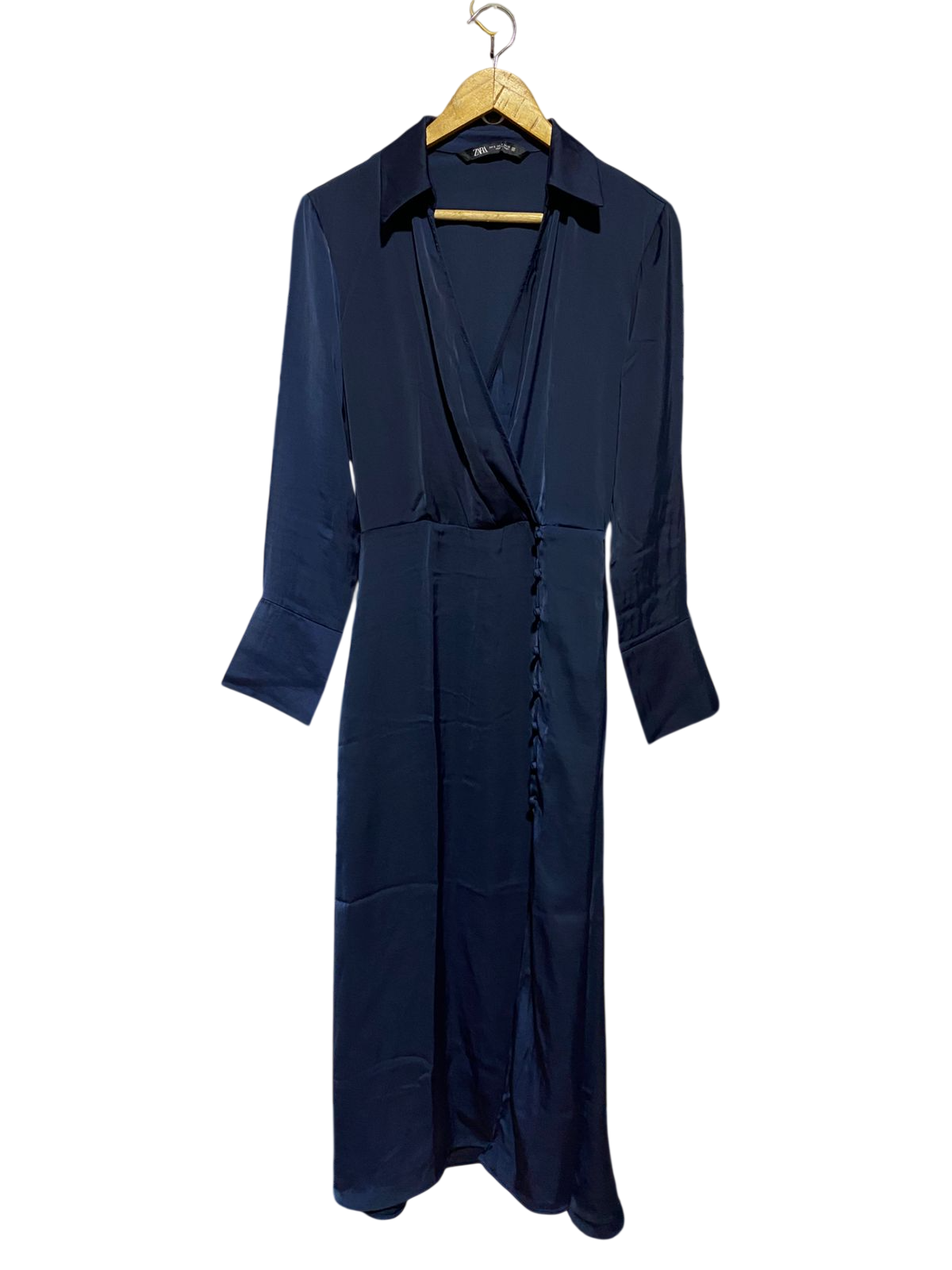 ZARA |S| BUST 17| B45| NAVY BLUE SATIN WRAP-FRONT MIDI DRESS