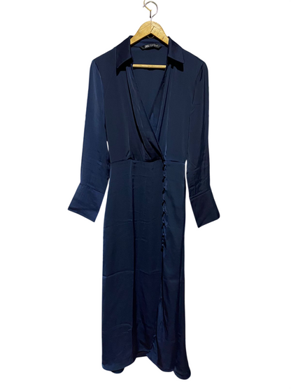 ZARA |S| BUST 17| B45| NAVY BLUE SATIN WRAP-FRONT MIDI DRESS