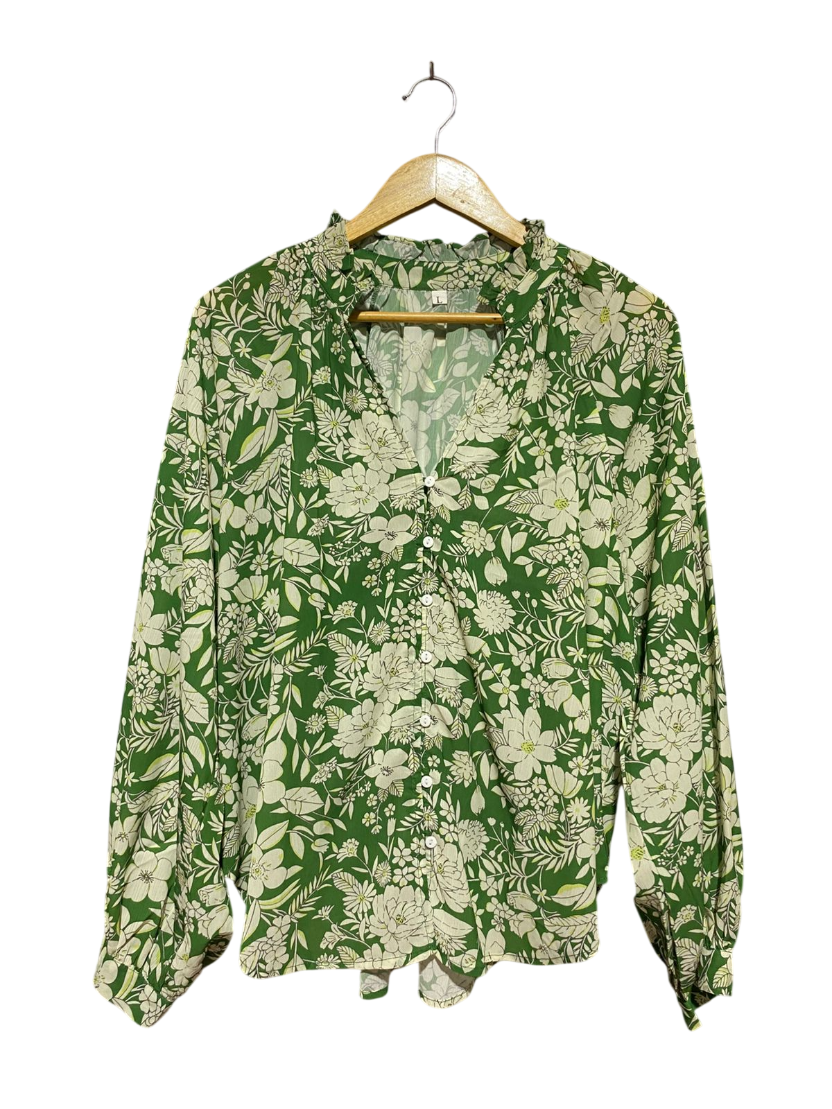 SHEIN |XL| BUST 23| B45| GREEN AND WHITE FLORAL BUTTON-DOWN RUFFLE COLLAR BLOUSE