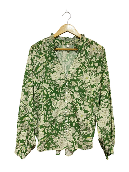 SHEIN |XL| BUST 23| B45| GREEN AND WHITE FLORAL BUTTON-DOWN RUFFLE COLLAR BLOUSE