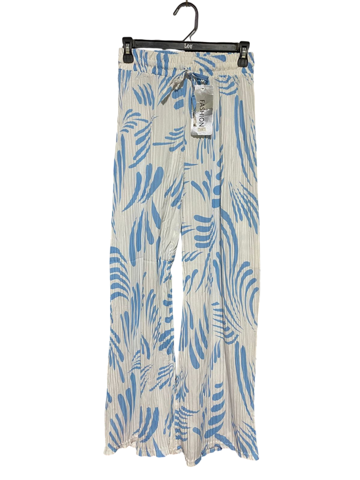 FASHION |XS| WAIST 25| B45| BLUE AND WHITE ABSTRACT WAVE PRINT PLEATED WIDE-LEG PANTS