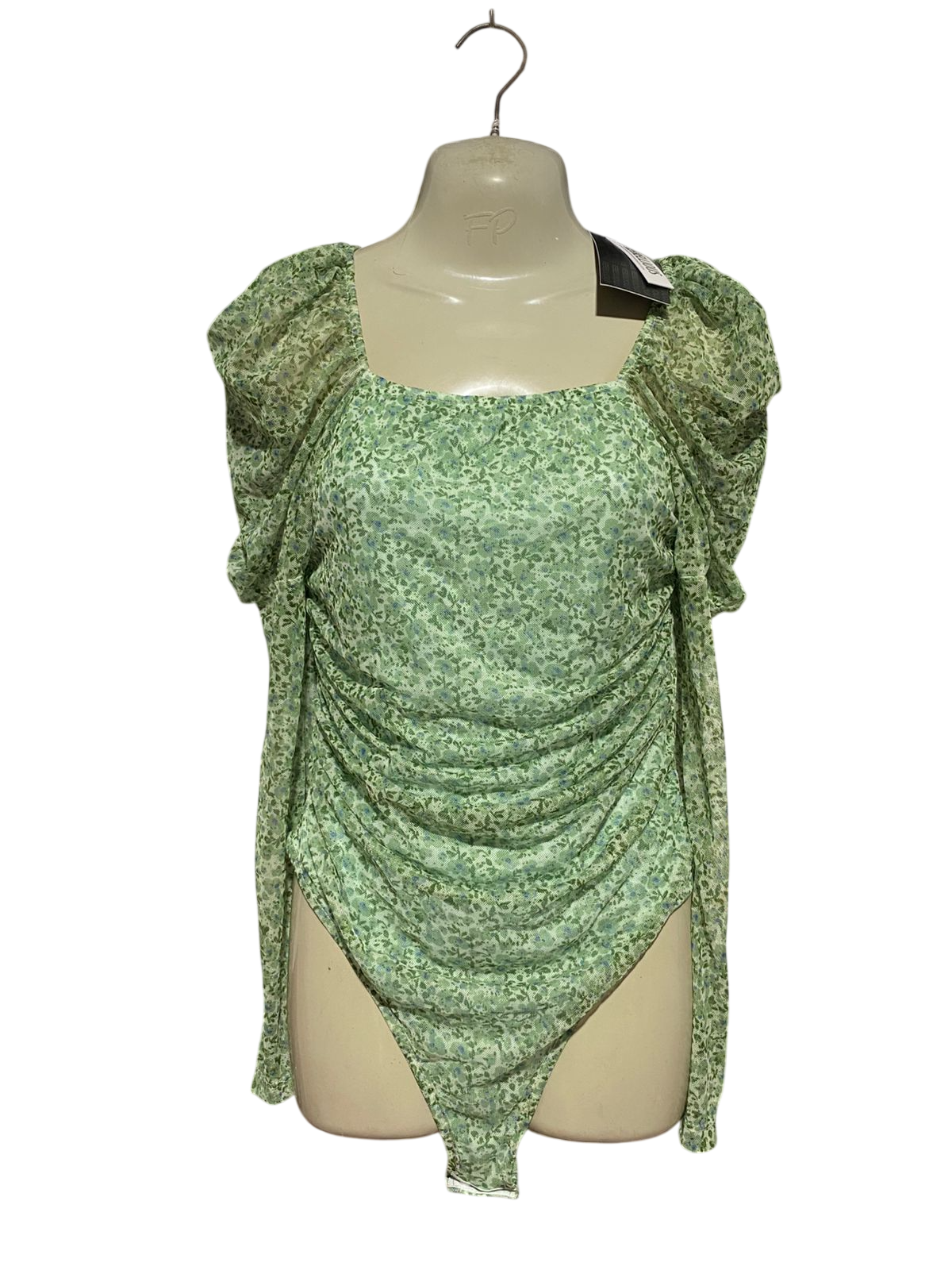 REBELLIOUS |S| BUST 15| B45| GREEN FLORAL PRINT PUFF SLEEVE RUCHED BODYSUIT
