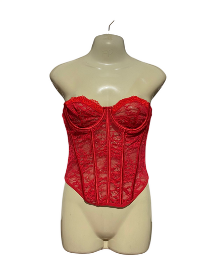 PRETTYLITTLE THING |S| BUST 14| B45| VIBRANT RED SHEER LACE STRAPLESS CORSET TOP