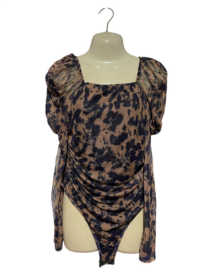 REBELLIOUS |S| BUST 16| B45| BROWN AND BLACK TIE-DYE PUFF SLEEVE RUCHED BODYSUIT
