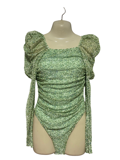REBELLIOUS |S| BUST 15| B45| GREEN FLORAL PRINT PUFF SLEEVE RUCHED BODYSUIT