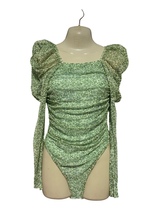 REBELLIOUS |S| BUST 15| B45| GREEN FLORAL PRINT PUFF SLEEVE RUCHED BODYSUIT