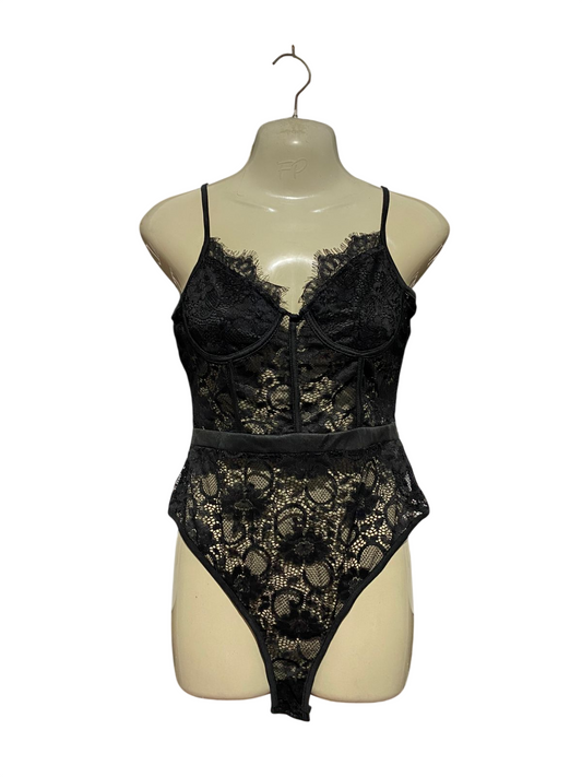 NAANAA |M| BUST 16| B45| BLACK SHEER LACE CORSET-STYLE CAMI BODYSUIT