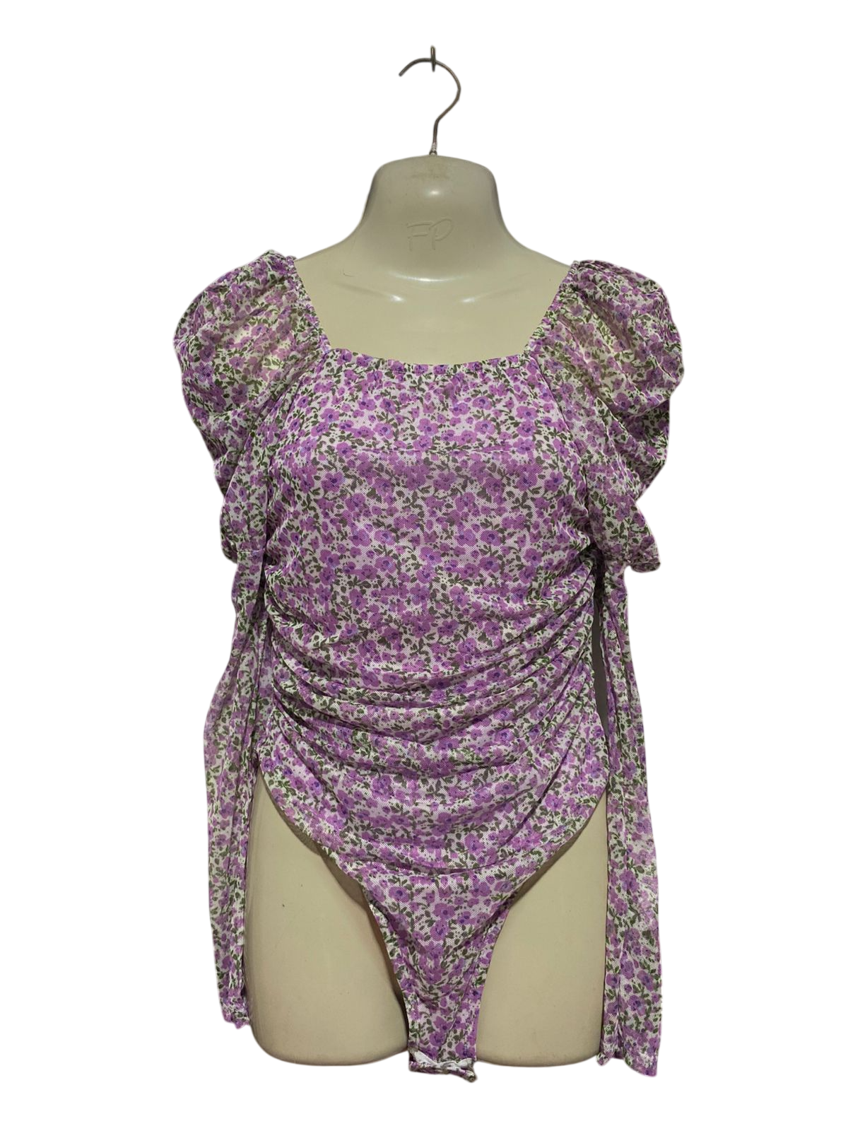 REBELLIOUS |S| BUST 15| B45| PURPLE FLORAL PRINT PUFF SLEEVE RUCHED BODYSUIT