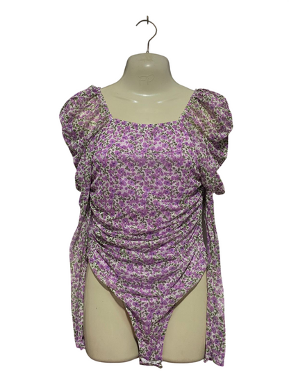 REBELLIOUS |S| BUST 15| B45| PURPLE FLORAL PRINT PUFF SLEEVE RUCHED BODYSUIT