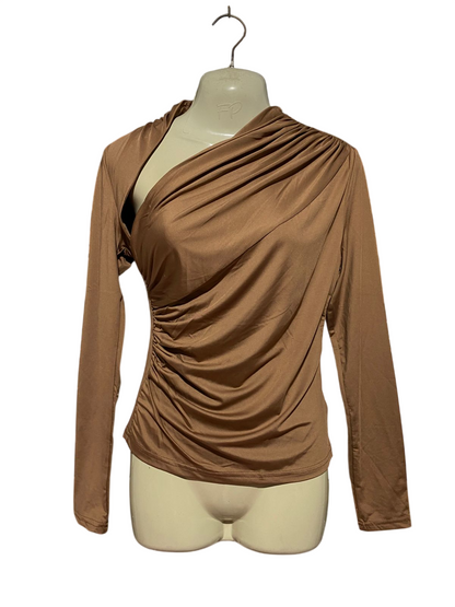 SHEIN |M| BUST 17| B45| TAN BROWN ONE-SHOULDER ASYMMETRIC RUFFLED LONG SLEEVE TOP