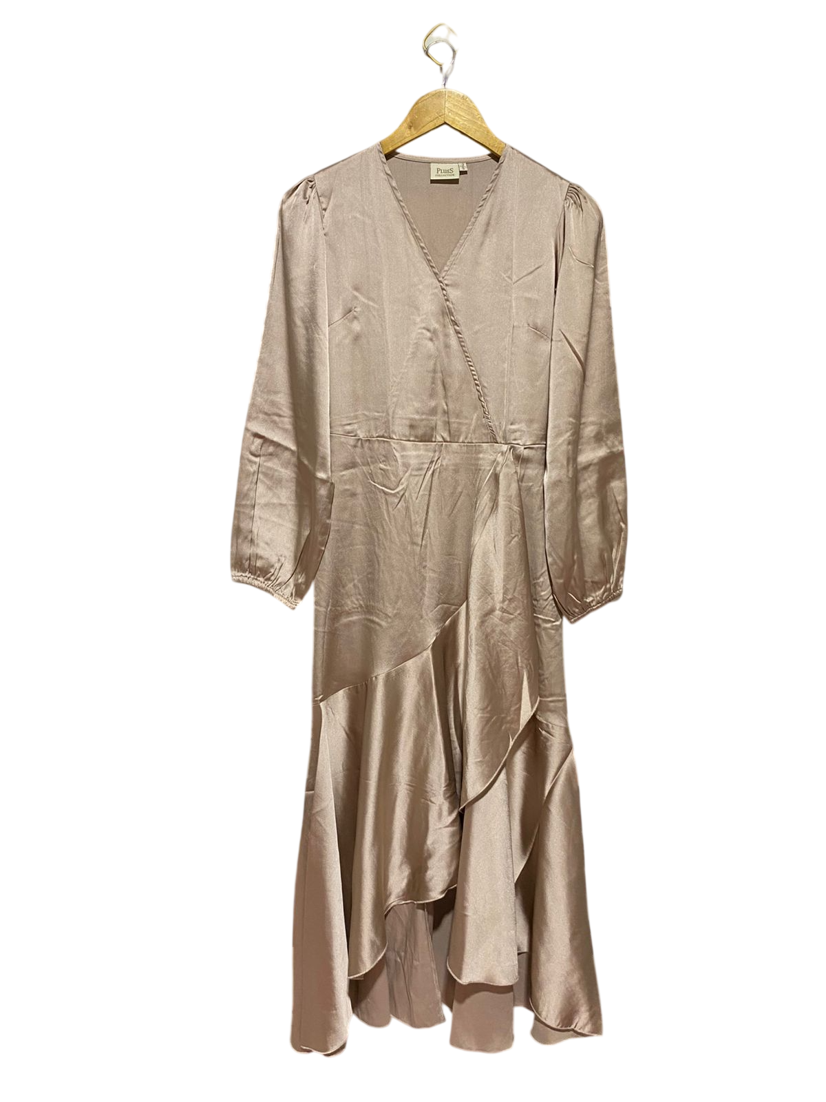 PLUSS |M| BUST 18| B46| PIECES SATIN FAUX WRAP MIDI DRESS WITH RUFFLED HIGH-LOW HEM