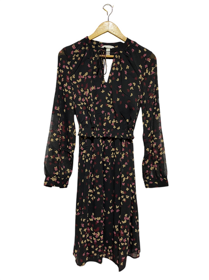 H&M |M| BUST 16| B46| BLACK FLORAL PRINT LONG SLEEVE MIDI DRESS WITH KEYHOLE TIE