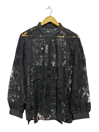 FRIFUL |XL| BUST 23| B46| BLACK SHEER FLORAL LACE LONG SLEEVE BUTTON DOWN SHIRT