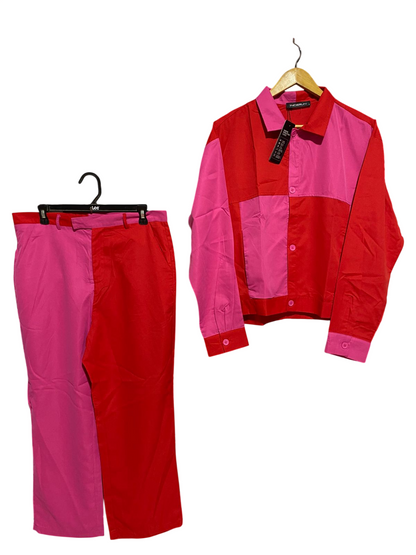 INCERUN |M| B46| RED AND PINK COLOR BLOCK BUTTON DOWN JACKET AND PANTS CO-ORD SET