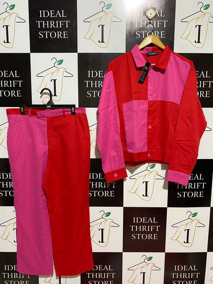 INCERUN |M| B46| RED AND PINK COLOR BLOCK BUTTON DOWN JACKET AND PANTS CO-ORD SET