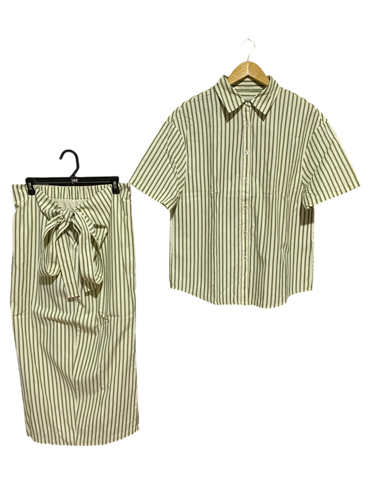 HARLAND |L| B46| SAGE GREEN STRIPED SHORT SLEEVE BUTTON DOWN SHIRT AND MIDI SKIRT CO-ORD SET