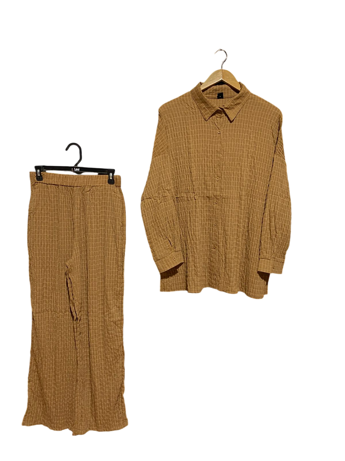 SHEIN |L| B46| TAN BROWN TEXTURED GRID BUTTON DOWN SHIRT AND WIDE LEG PANTS CO-ORD SET