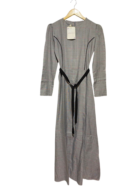 SEFAMERVE |M| BUST 17| B46 | GLEN PLAID LONG SLEEVE MAXI DRESS WITH BELT