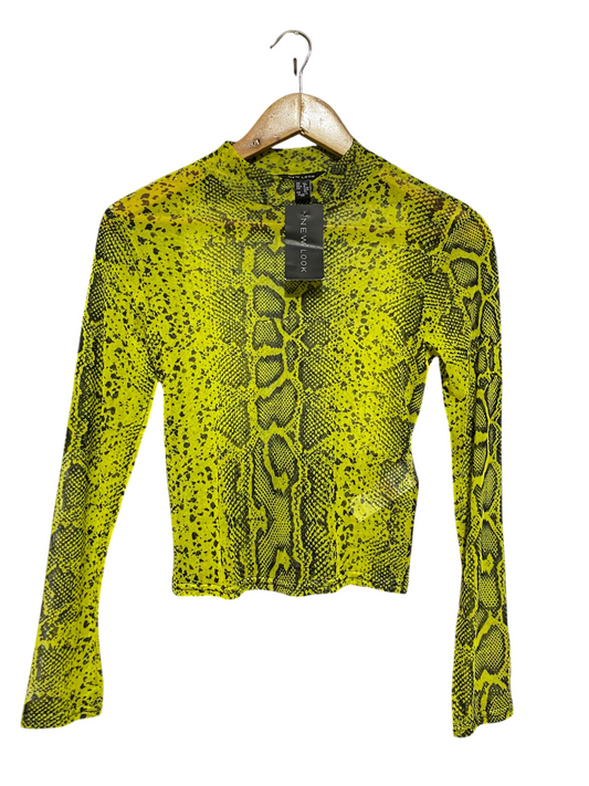 NEW LOOK |S| BUST 14| B46| NEON YELLOW SNAKESKIN MOCK NECK MESH LONG SLEEVE TOP